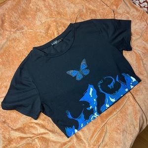 SHEIN Black & Blue Butterfly Cropped Tee. Size Large. ONLY WORN ONCE